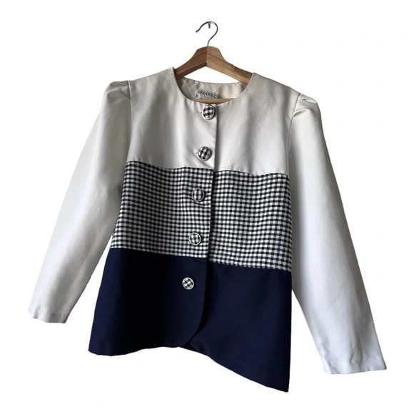 Women’s Quartz Vintage blazer front white blue navy button shoulder pad size 14. - Picture 1 of 16